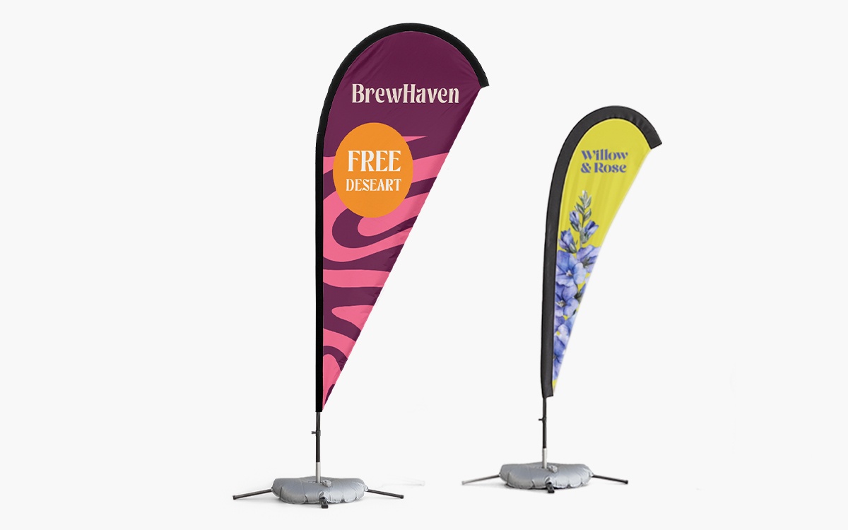 teardrop flags outside storefront